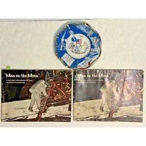 Vtg Glass Dish 1st‎ Lunar Landing Of Mankind 19692 Man On The Moon Books MCM Lot